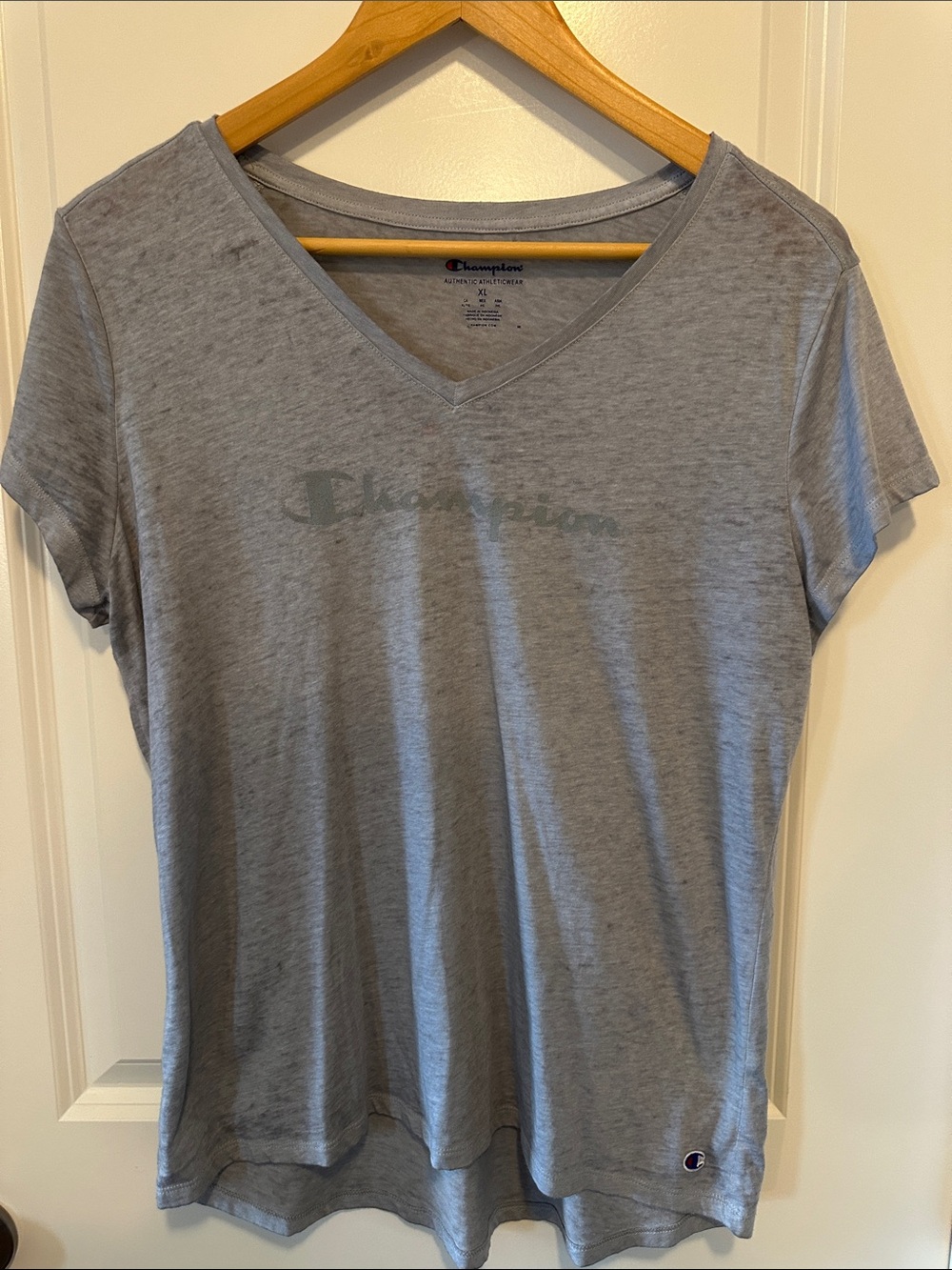 Champion Women's Light Gray V-Neck Short Sleeve Tee